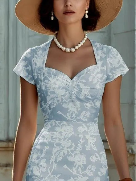 Midi Linen Dress, Short Sleeves, Sweetheart Neck, Floral, Ruffles, Vintage, Blue