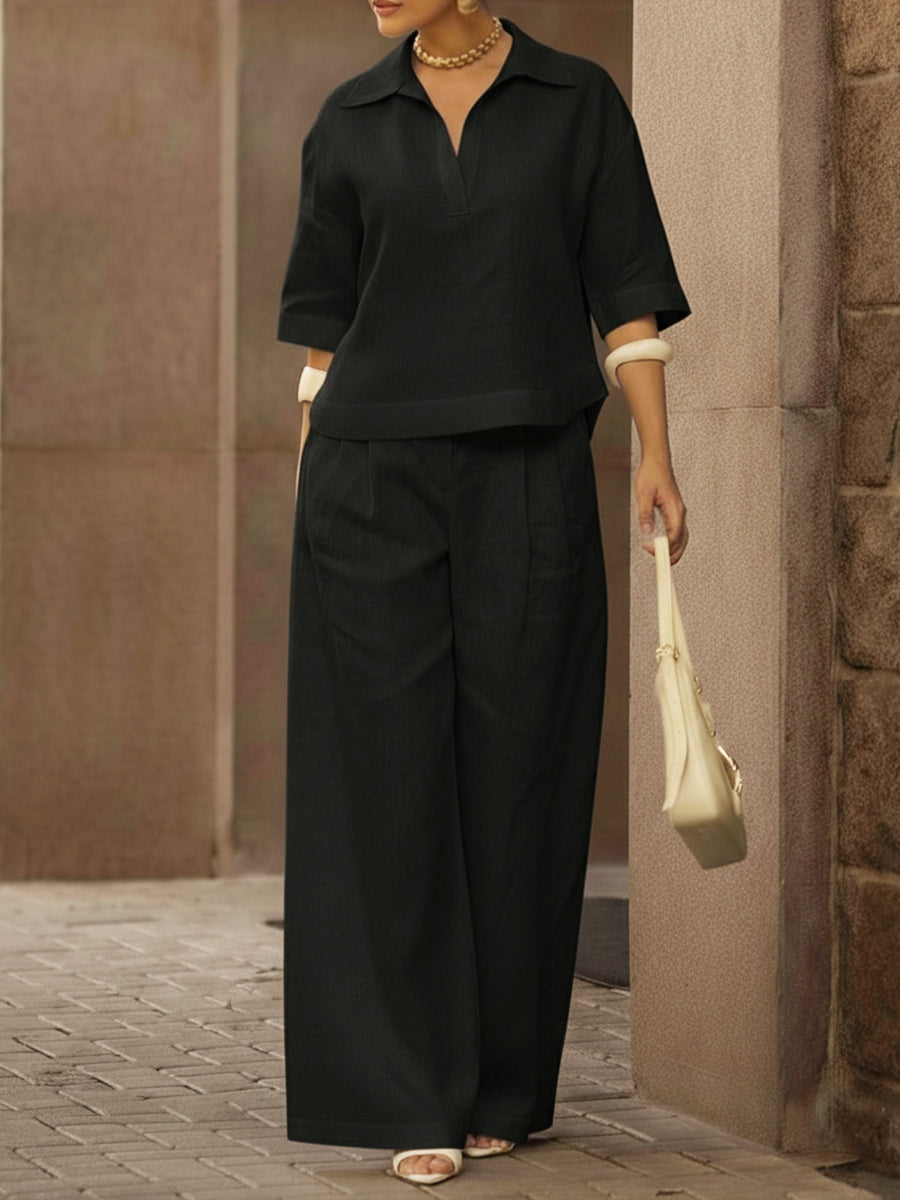 Women's Casual Linen And Cotton Shirt And Wide-leg Pants Two-piece Set