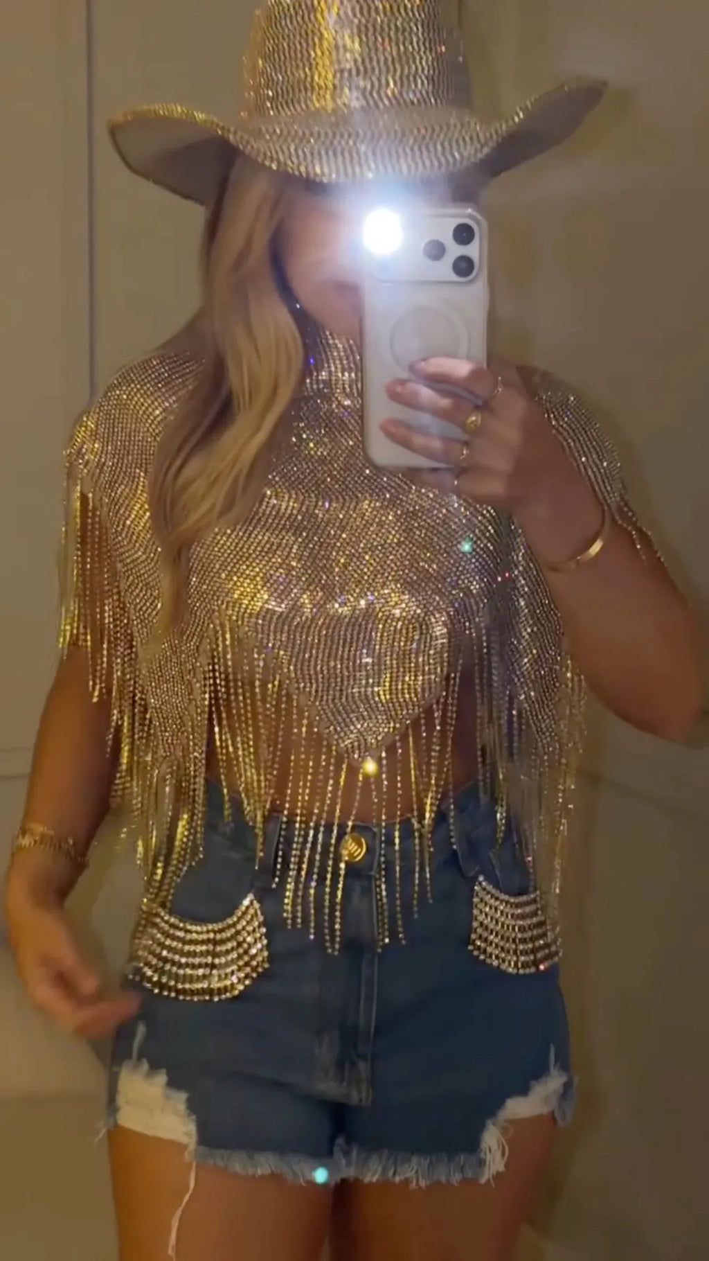 Gold Rhinestone Fringe Top & Ripped Denim Shorts Two‐Piece Set