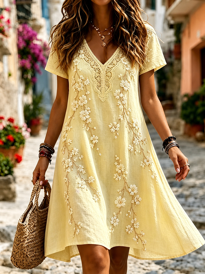 Women'S Plant Flower Art Linen Blended V-Neck Mini Dress