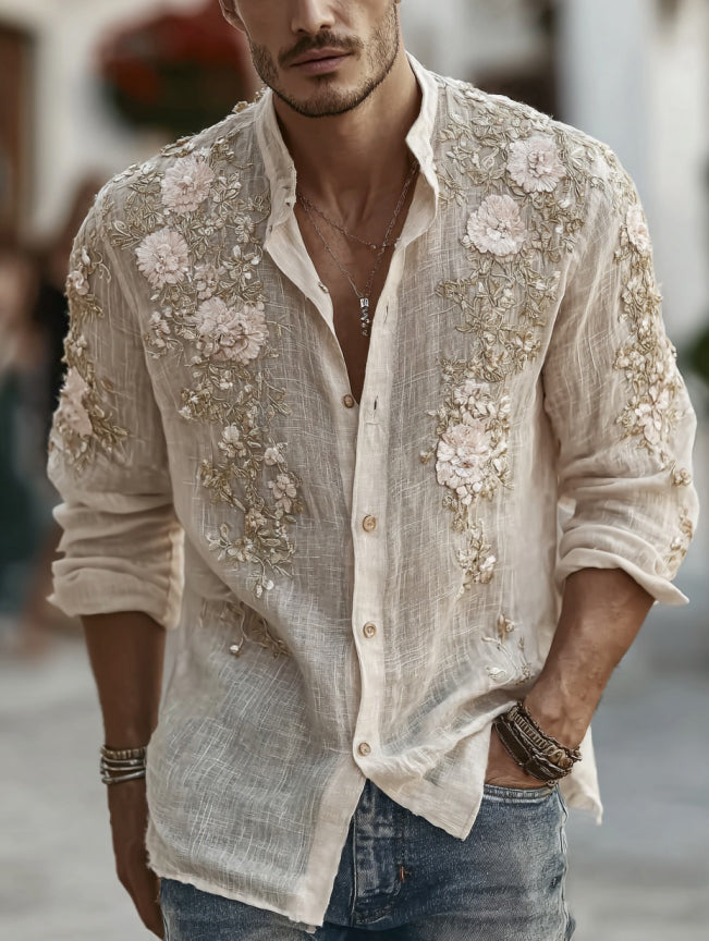 Men's Japanese-style Floral Art Casual Linen Shirt