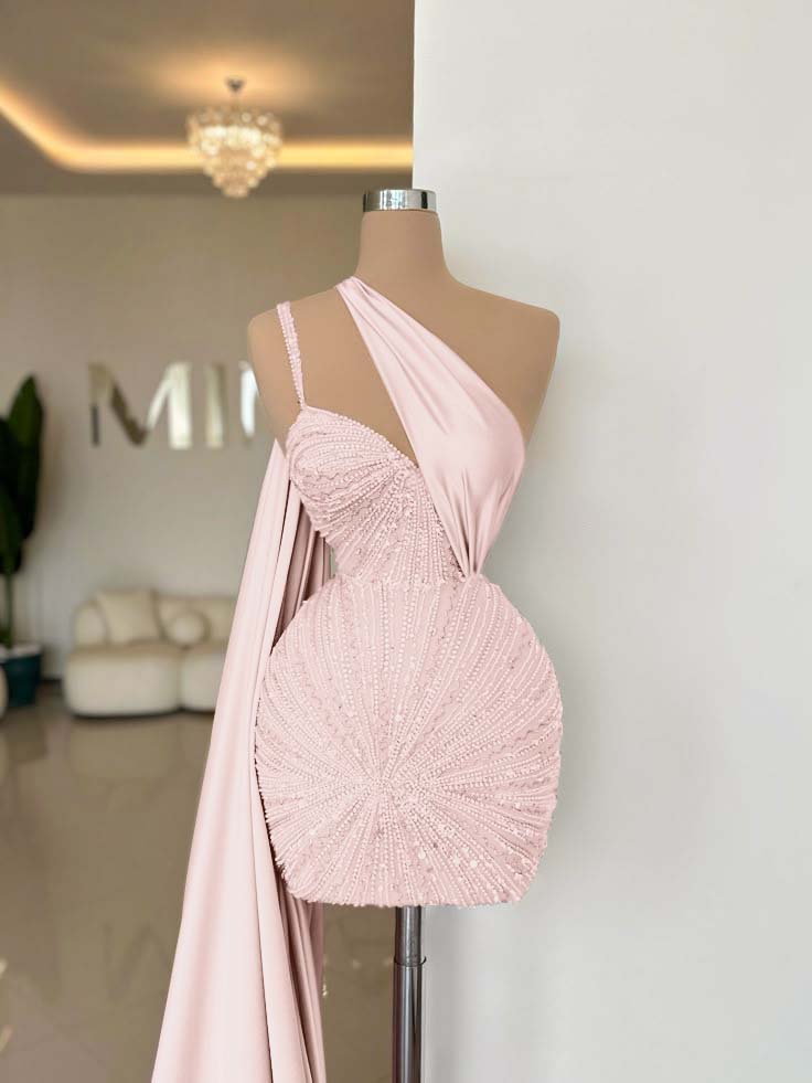 One Shoulder Sleeveless Short Homecoming Dress With Beading HC0152