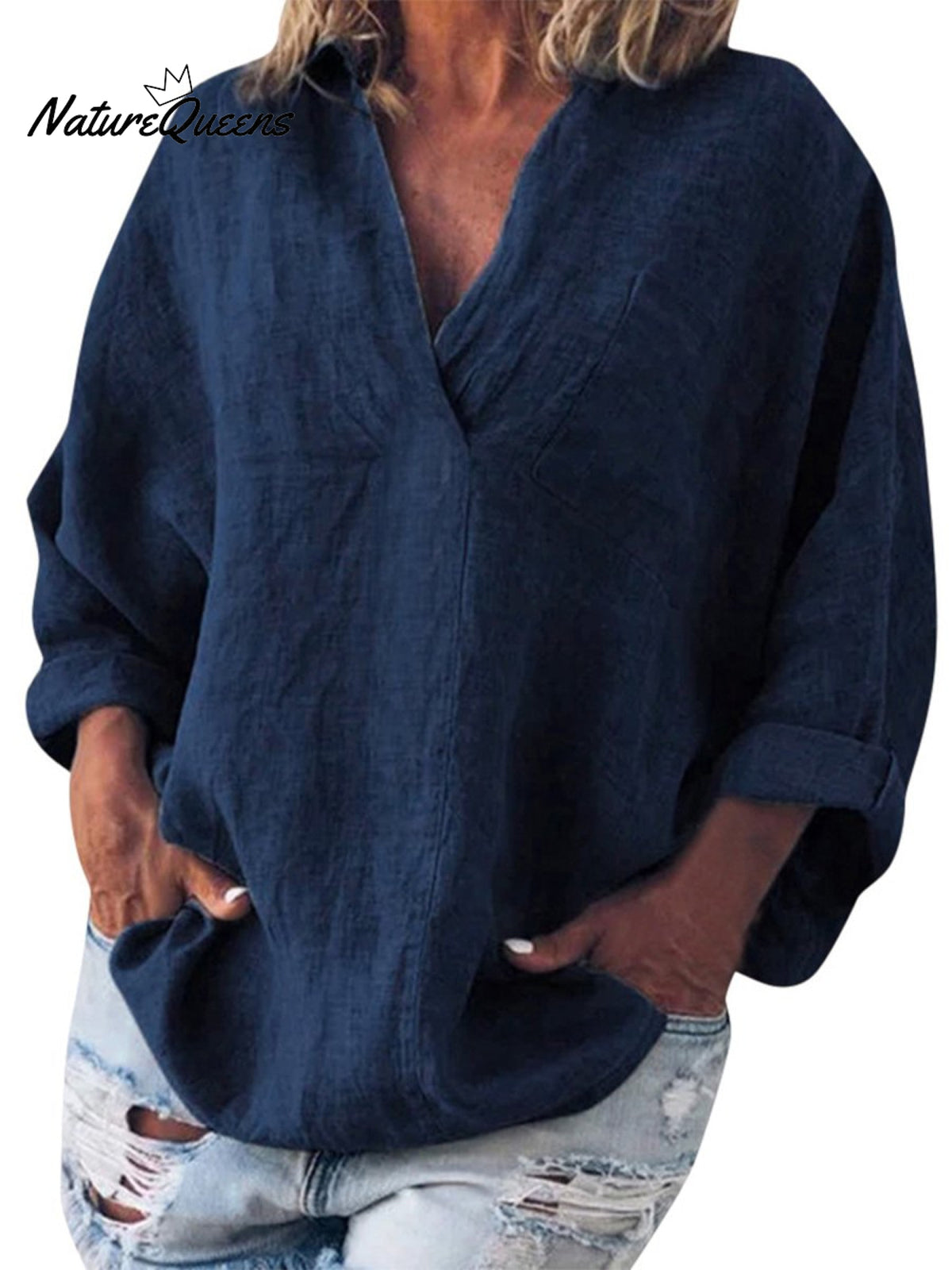 Women's Cotton and Linen V-neck Long-sleeved Pullover Top