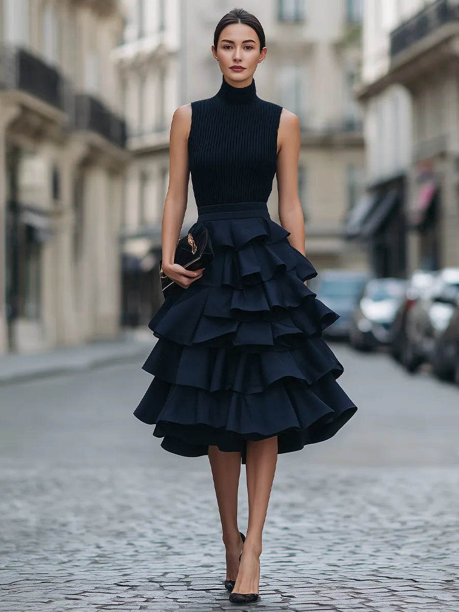 Sleeveless High Neck Tiered Ruffle Midi Dress