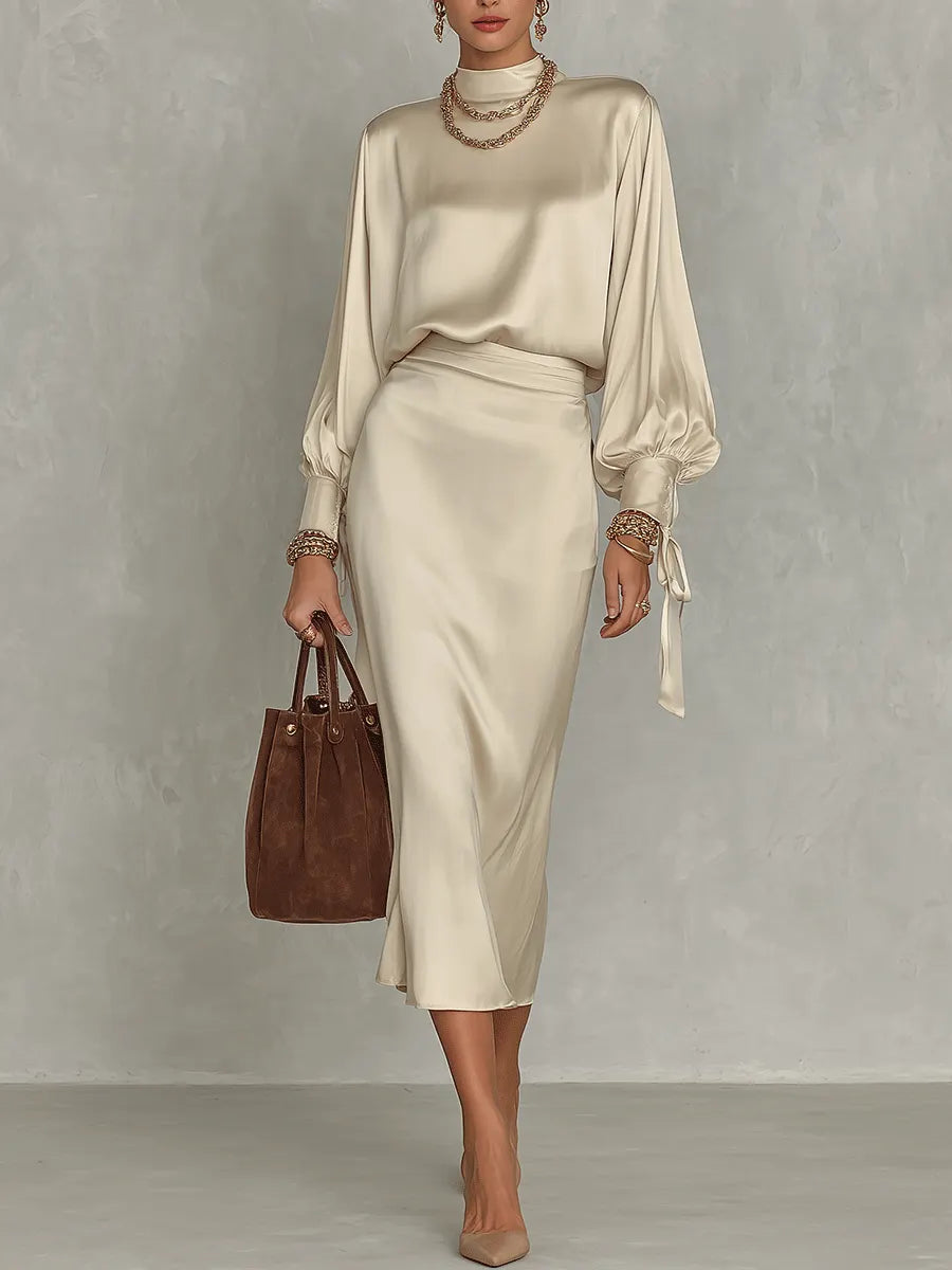 Satin Two-Piece Set Mock Neck Lantern Sleeve Blouse & High Waist Midi Skirt