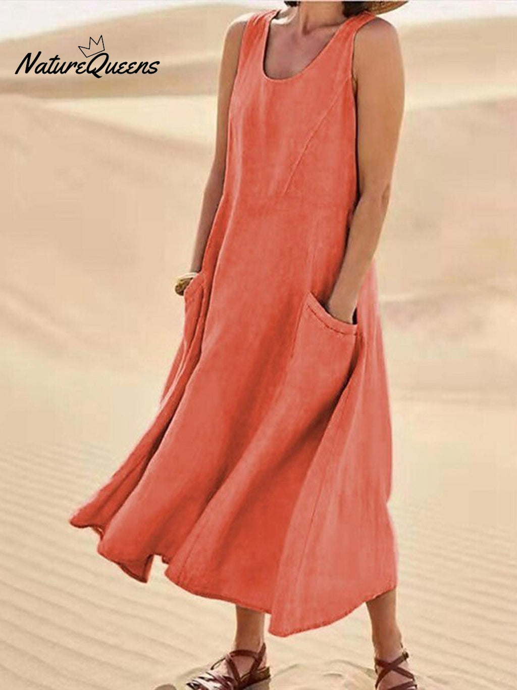 Women Sleeveless Sundress Elegant Round Neck Cotton Linen Solid Long Tank Casual Summer Dress
