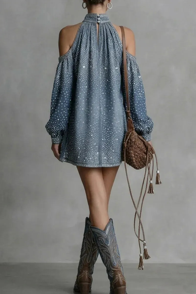 Rhinestone Embellished Denim Halter Neck Cold Shoulder Lantern Sleeve Mini Dress