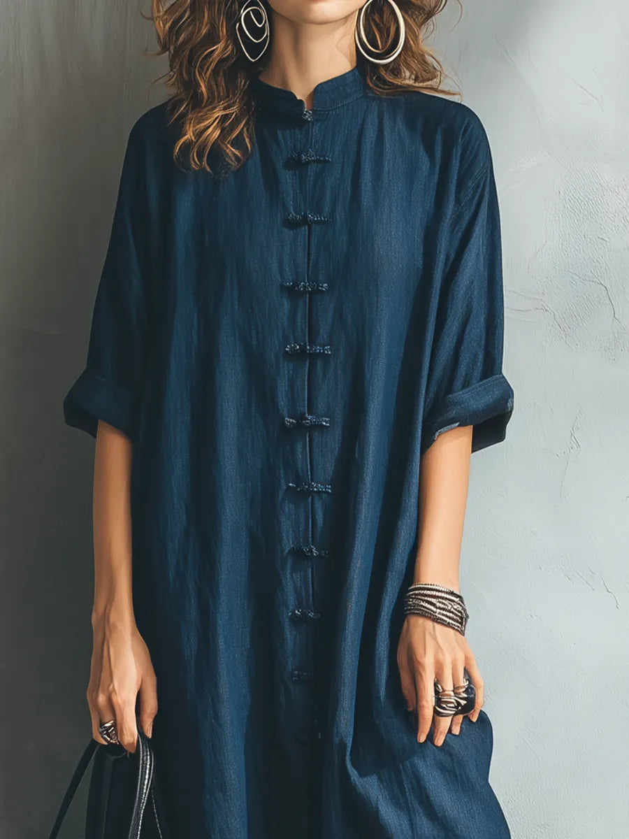 Cultural Frog-Button Mandarin Collar Linen Tunic Set