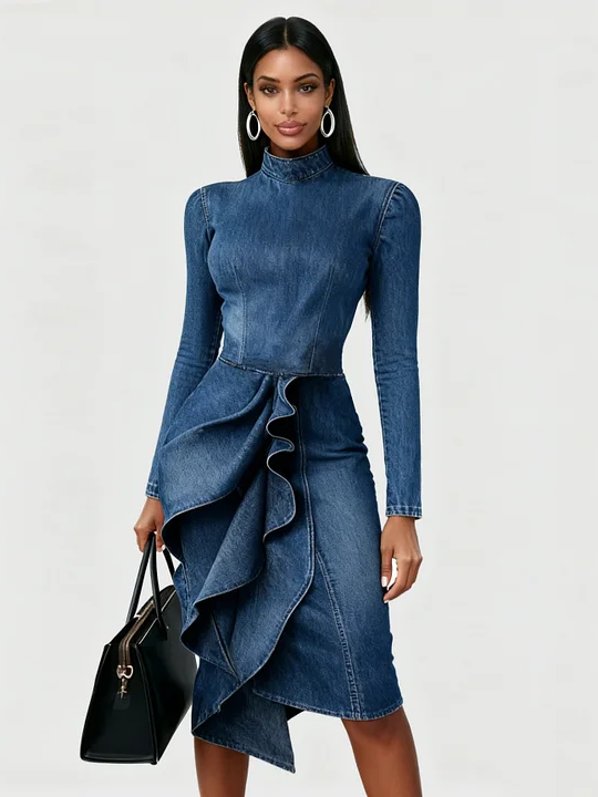 Elegant Multi-layered Ruffle Hem Denim Dress