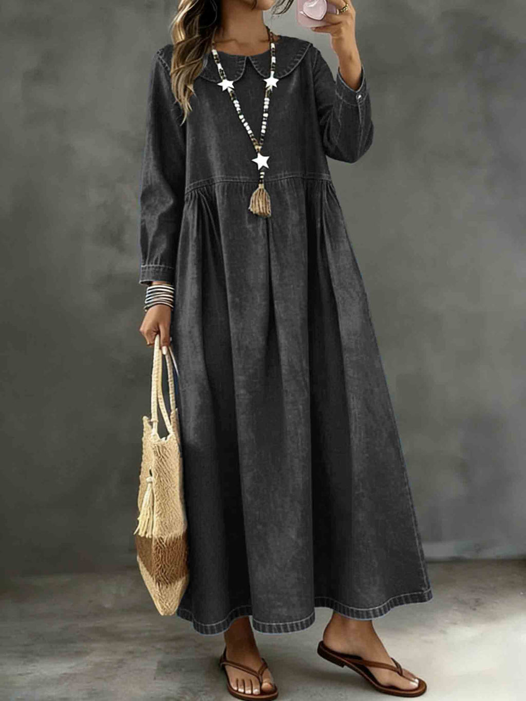 Long Sleeved Lotus leaf collar  Loose Denim Dress