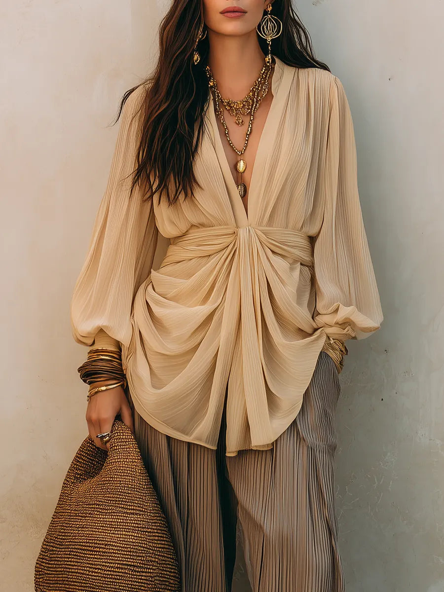 Beige Draped Blouse & Pleated  ¨C Effortless Boho Luxe Wide-Leg Pants