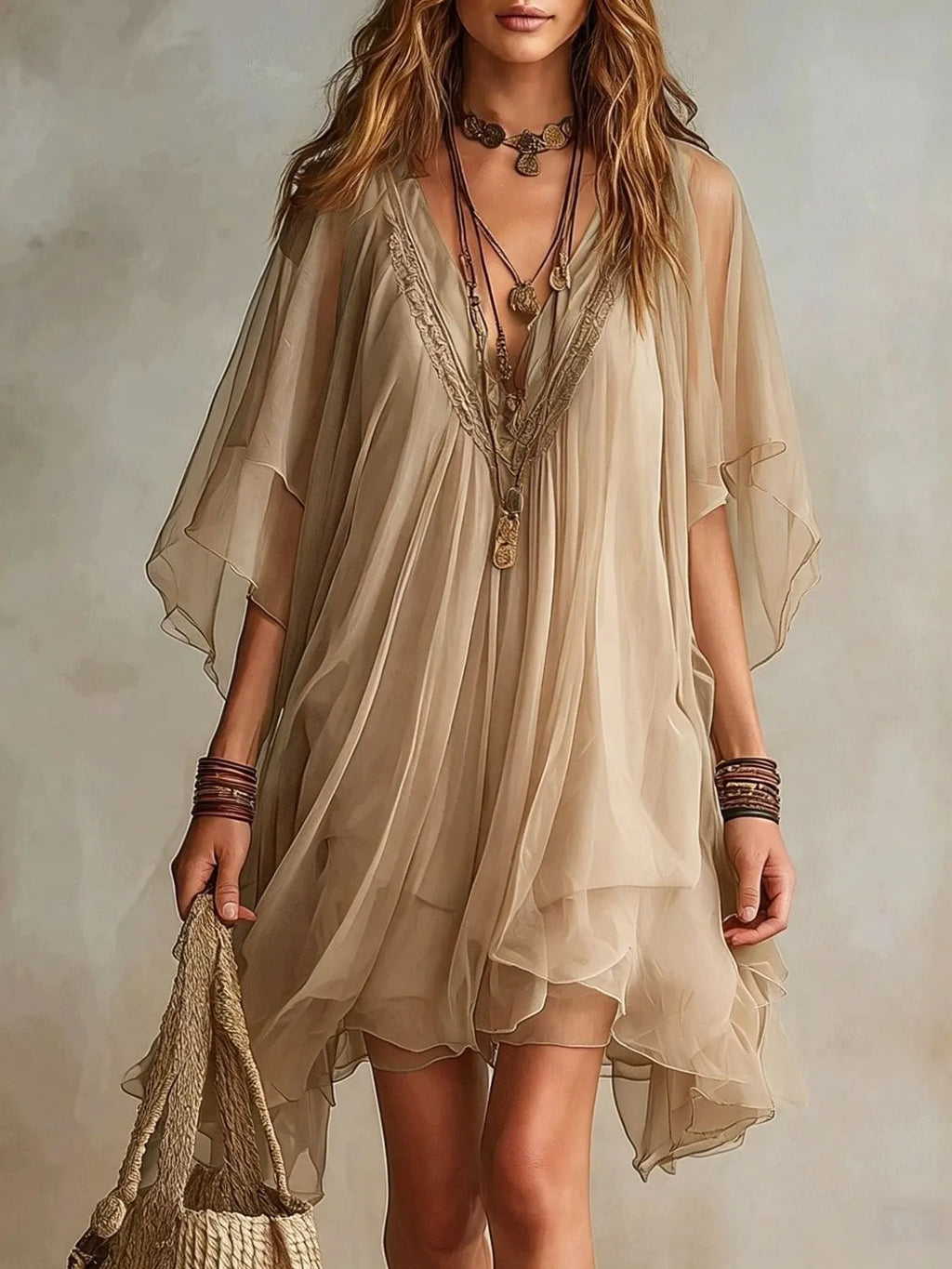 Green Chiffon V-neck Layered Flowy Mini Dress