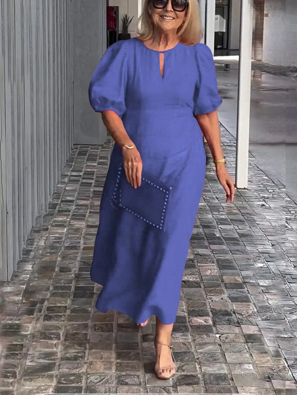 Evening Dress Formal Dress Solid Color Loose-Fitting Casual Round-Neck Small Lantern Sleeves