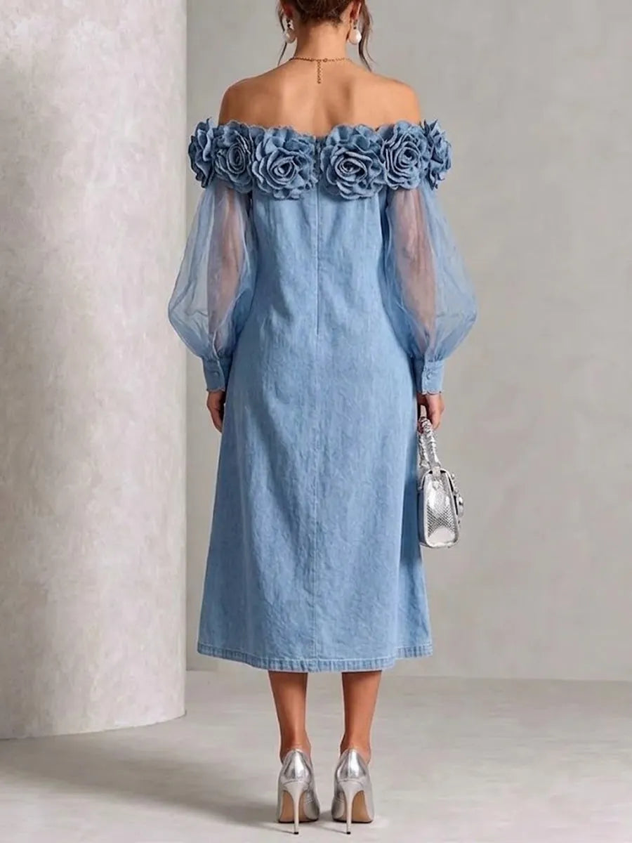 Off-shoulder Denim Dress With Chiffon Panels And 3d Rose Detail