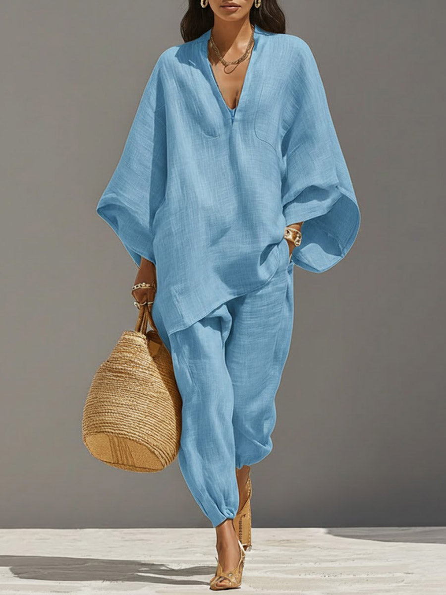 Women's Solid Color V-neck Long Sleeve Casual Loose Cotton Linen Top With Elastic Waist And Wide-leg Pants Set