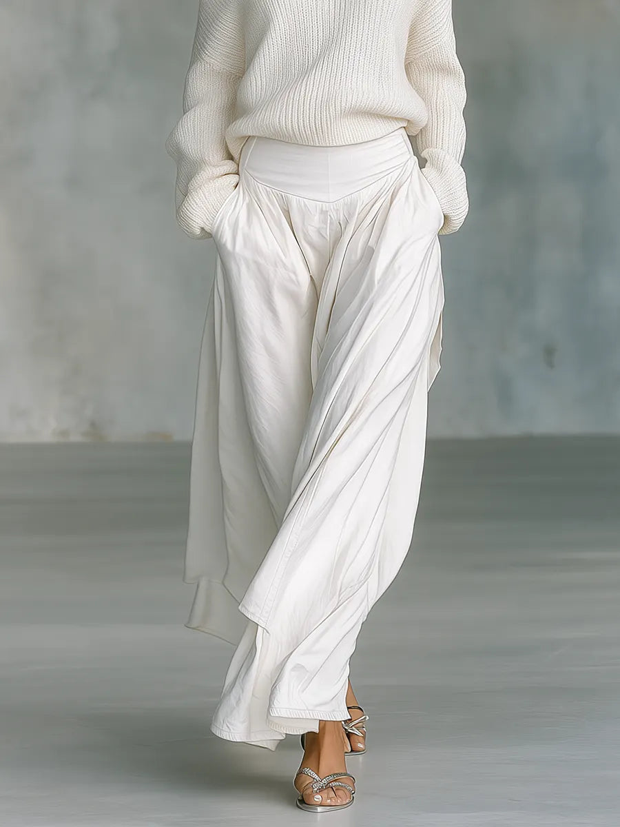 Coastal Luxe Off Shoulder Knit Top & Draped Wide Leg Pants Set