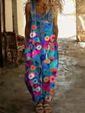 Women's Floral Art Print Washed Cotton Denim Patchwork Jumpsuit