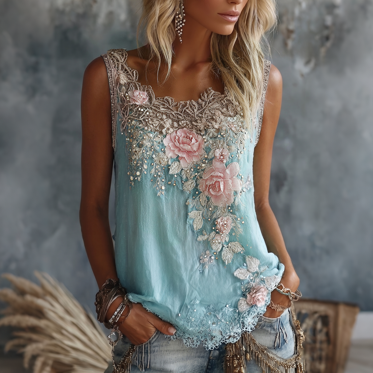 Women's Vintage Rose Floral Art V-neck Linen Vest