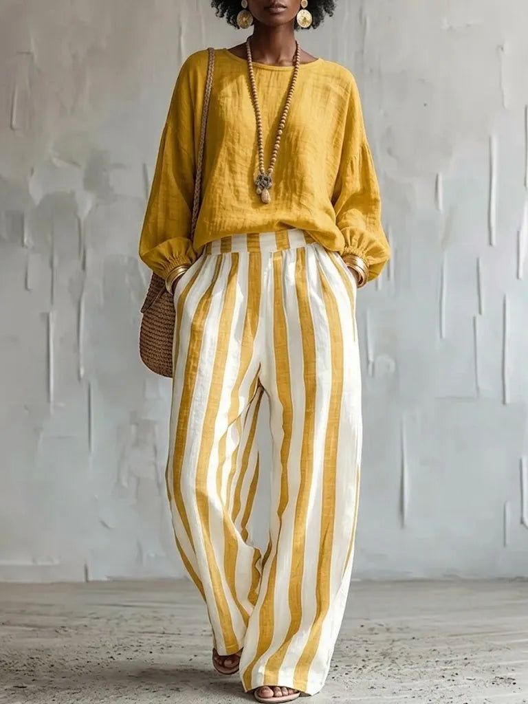 Comfortable Classic Striped Cotton-linen Two-piece Set