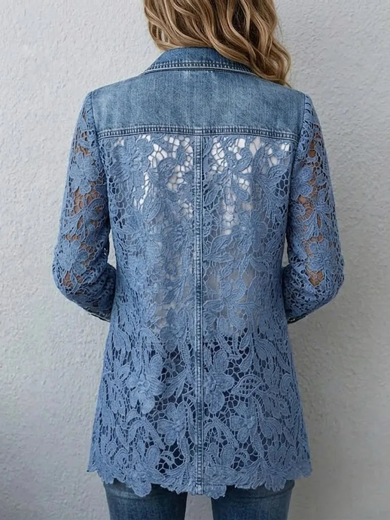 Stylish Casual Denim Jacket With Paneled 3d Lace Details