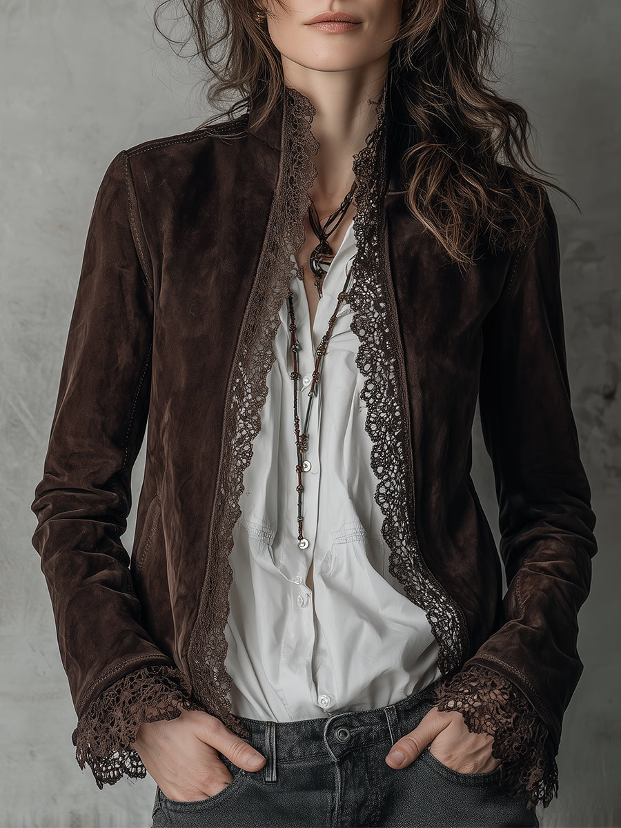 Bohemian Stand Collar Lace Door Tube Suede Jacket