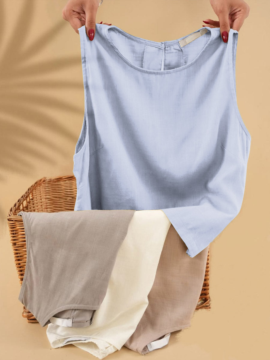 Women's Solid Color Round Neck Sleeveless Casual Linen Vest Top