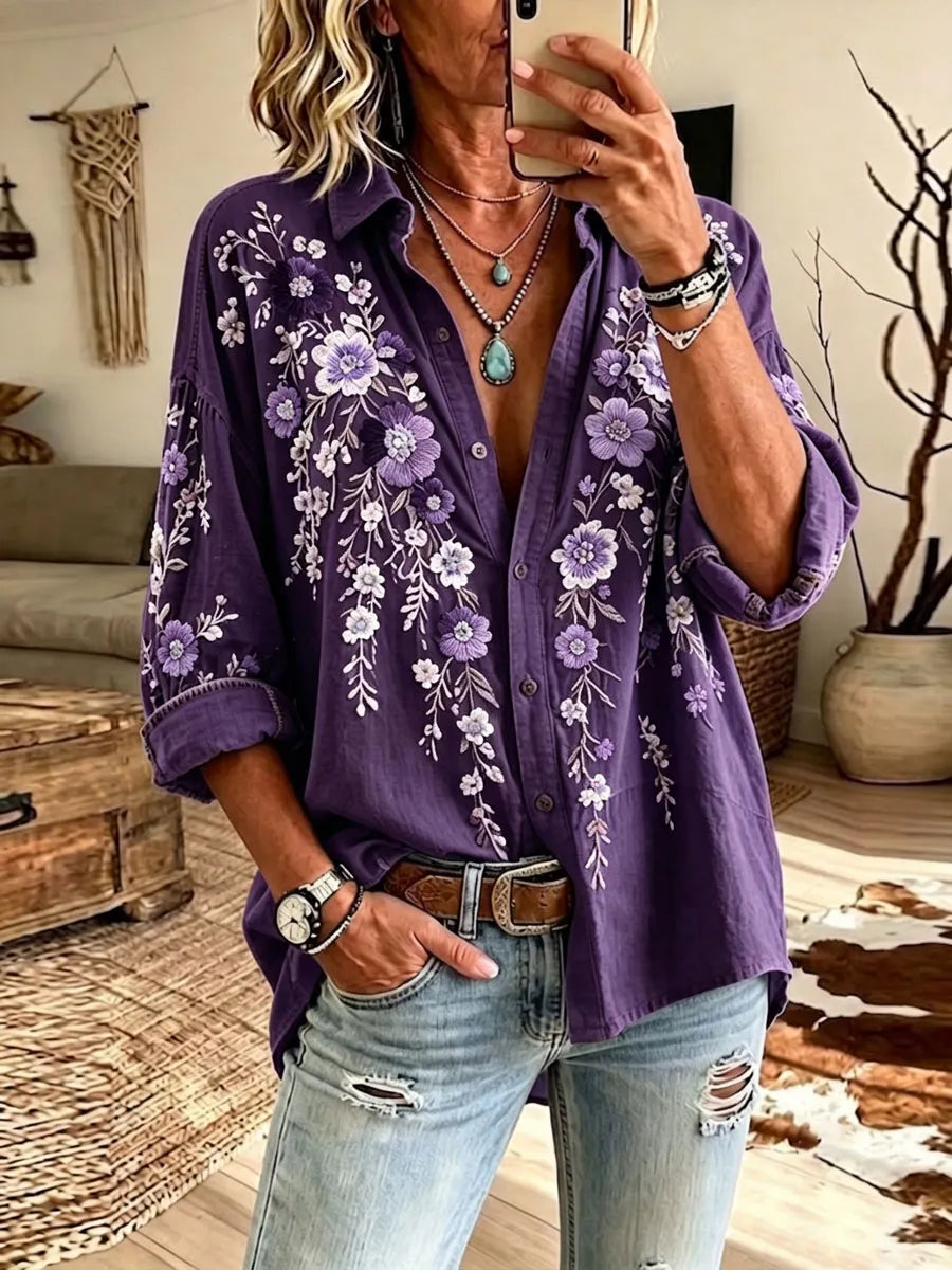 Women'S Cotton Linen Flower Casual Long Sleeve Shirt