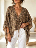 Women's Leopard Pattern Bat Sleeve Art Casual Stylish 3/4 Sleeve Cotton Linen Shirt