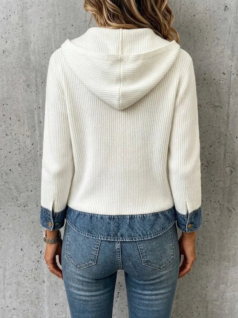 Denim-paneled Hooded Knit Cardigan
