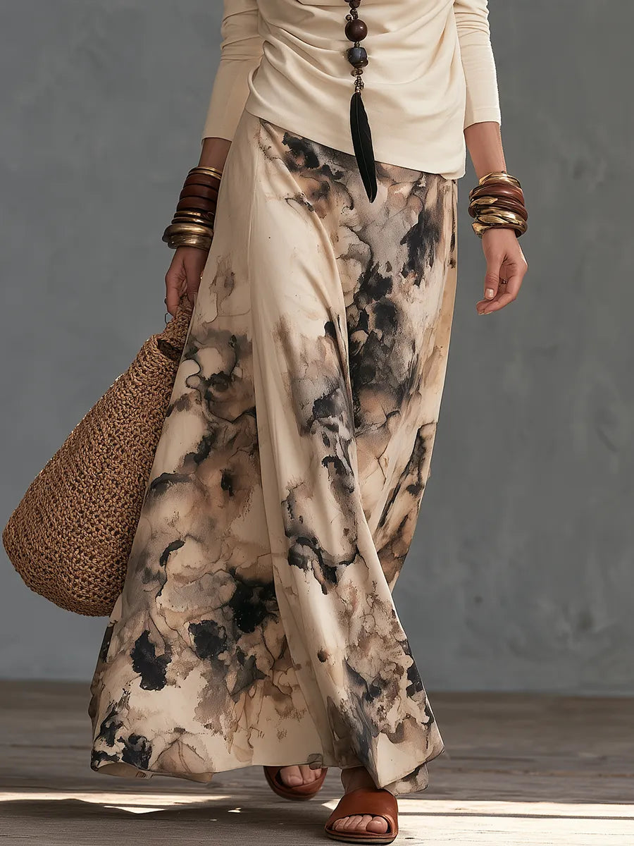 Elegant Bohemian Draped Top & Ink Print Maxi Skirt Set