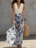 Boho Ruffle V-Neck Sleeveless Top & Flowy Print Maxi Skirt Set