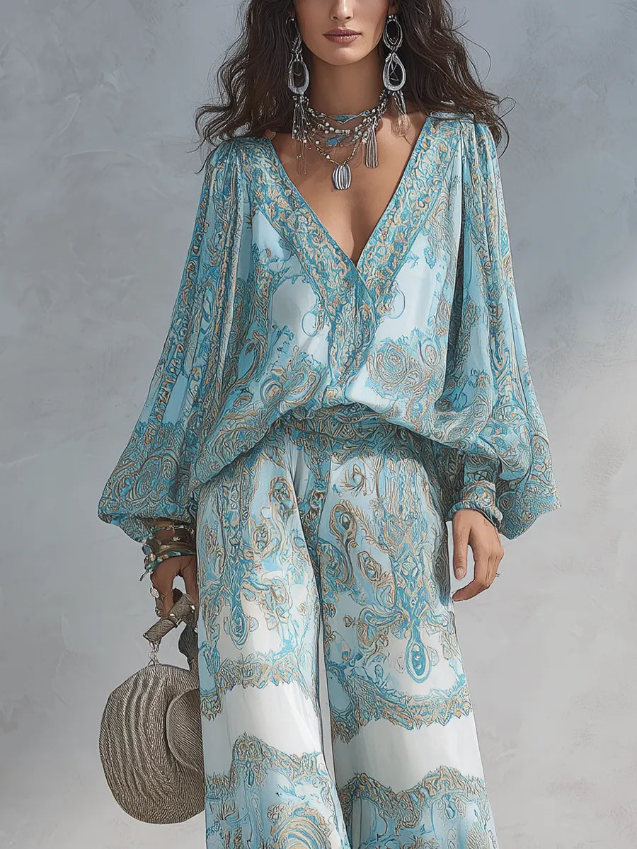 Light Blue Paisley Bohemian Style Suit