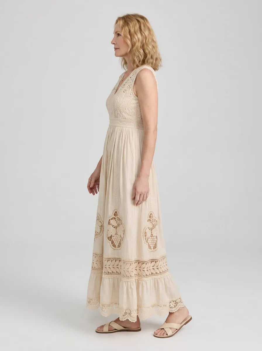 Women's Bohemian Floral Lace Cotton Linen Maxi Dress
