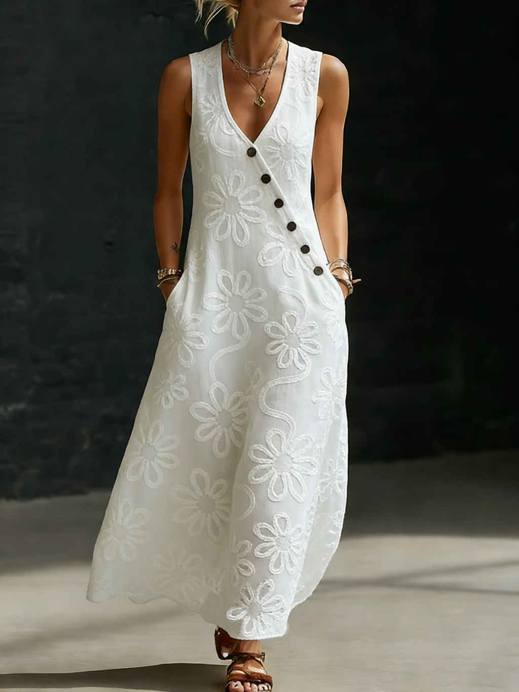 Elegant Floral Embroidery V-neck Dress