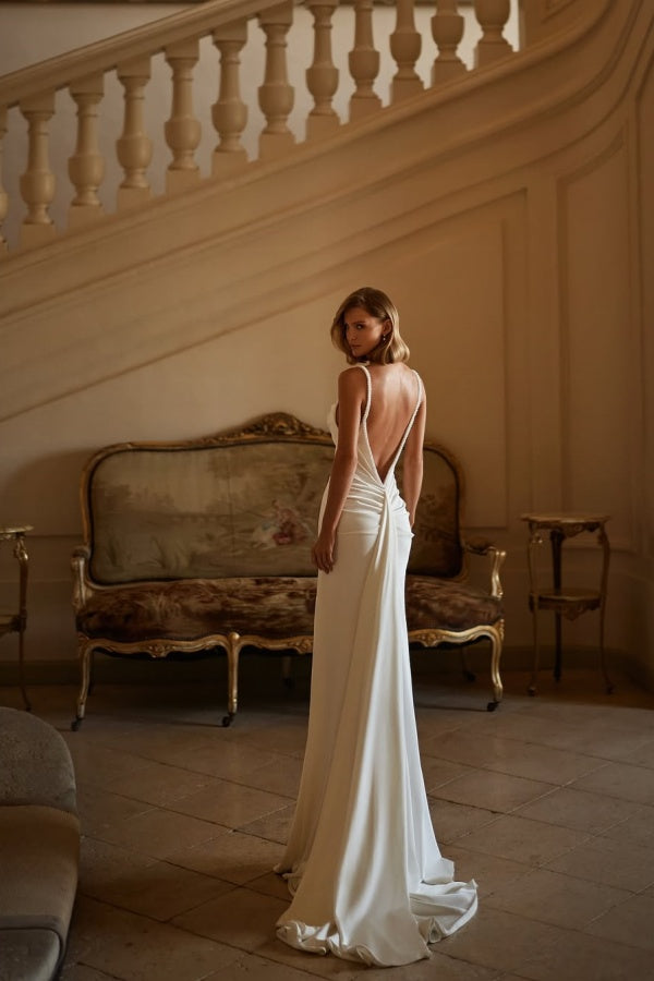 Cocoslly Cream-colored Beaded Pearls Straps Backless Wedding Dress With Lace Gloves | Ivory Satin ZT0519
