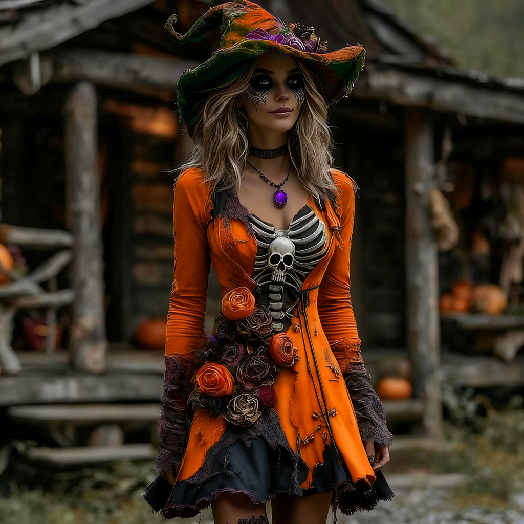 Women's Halloween Rose Skeleton Witch Cosplay Midi Dress