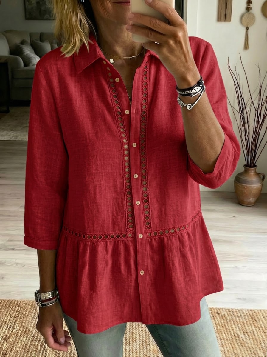 Casual Patchwork Openwork Webbing Linen And Cotton Shirt