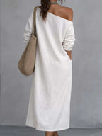 Loose-fitting One Shoulder Split Hem Cotton Linen Midi Dress
