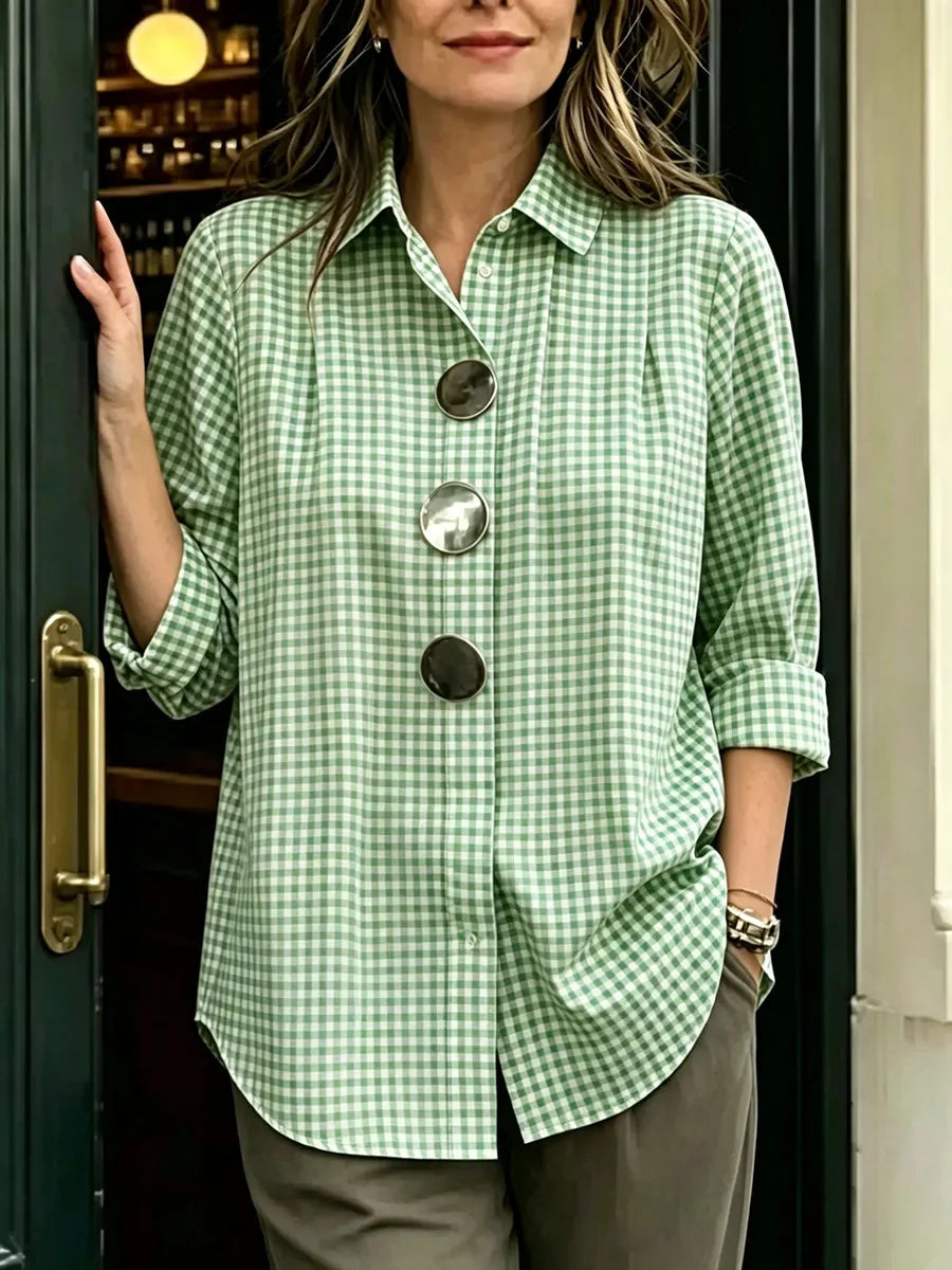 Retro Casual Plaid Cotton Shirt With Decorative Metal Buttons