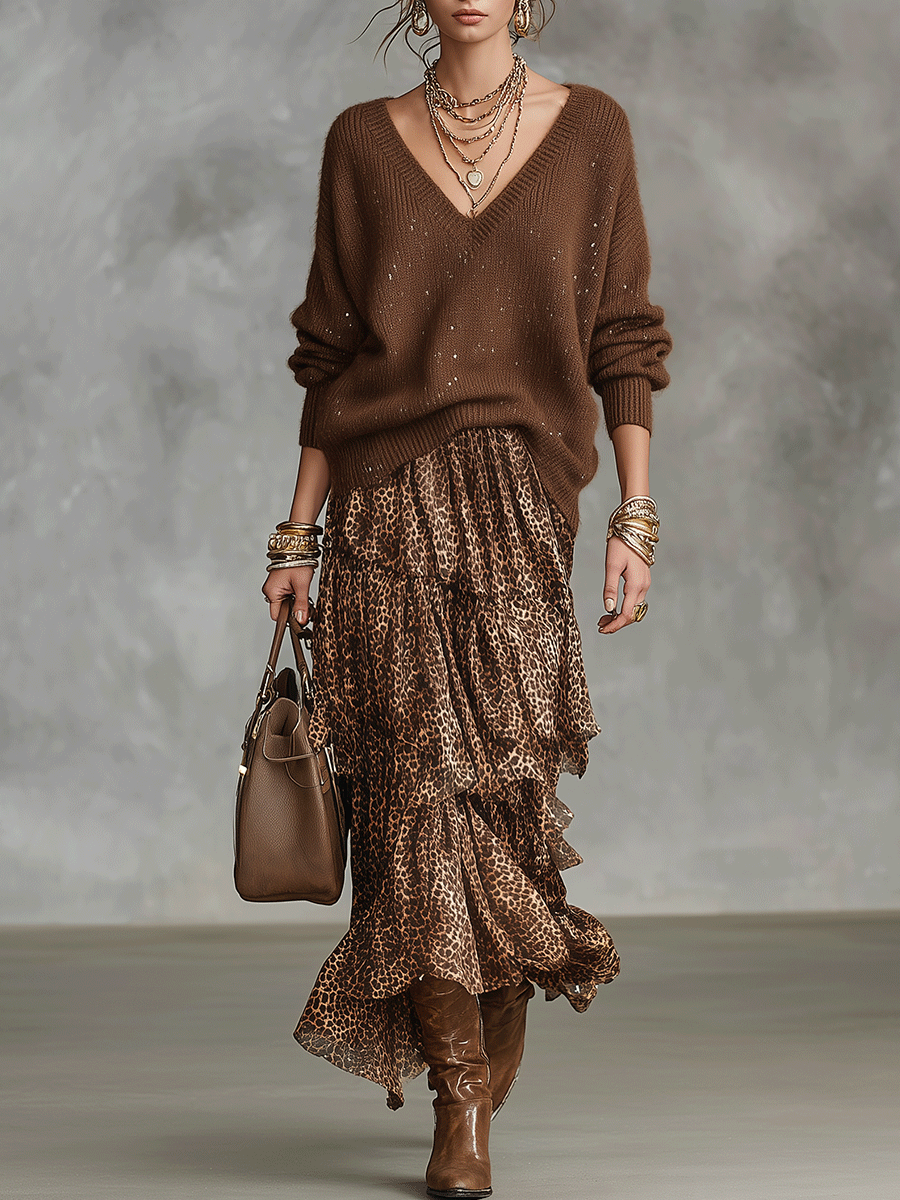 Oversized V-Neck Sweater & Leopard Print Tiered Ruffle Maxi Skirt Set