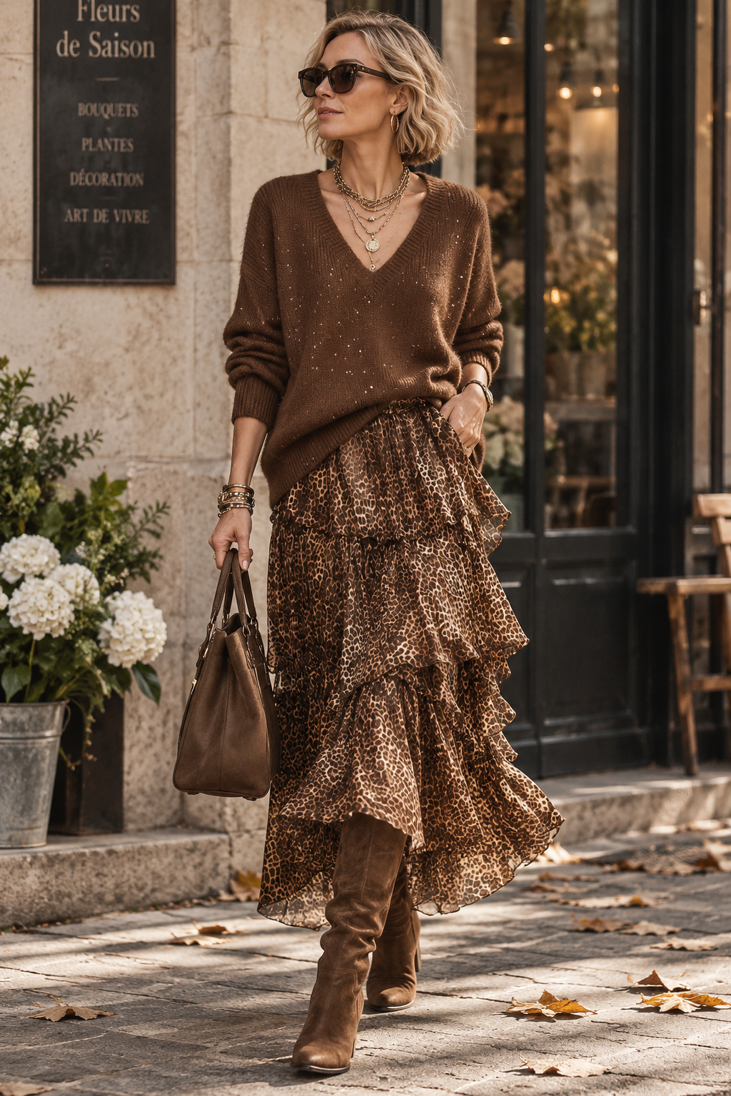 Oversized V-Neck Sweater & Leopard Print Tiered Ruffle Maxi Skirt Set