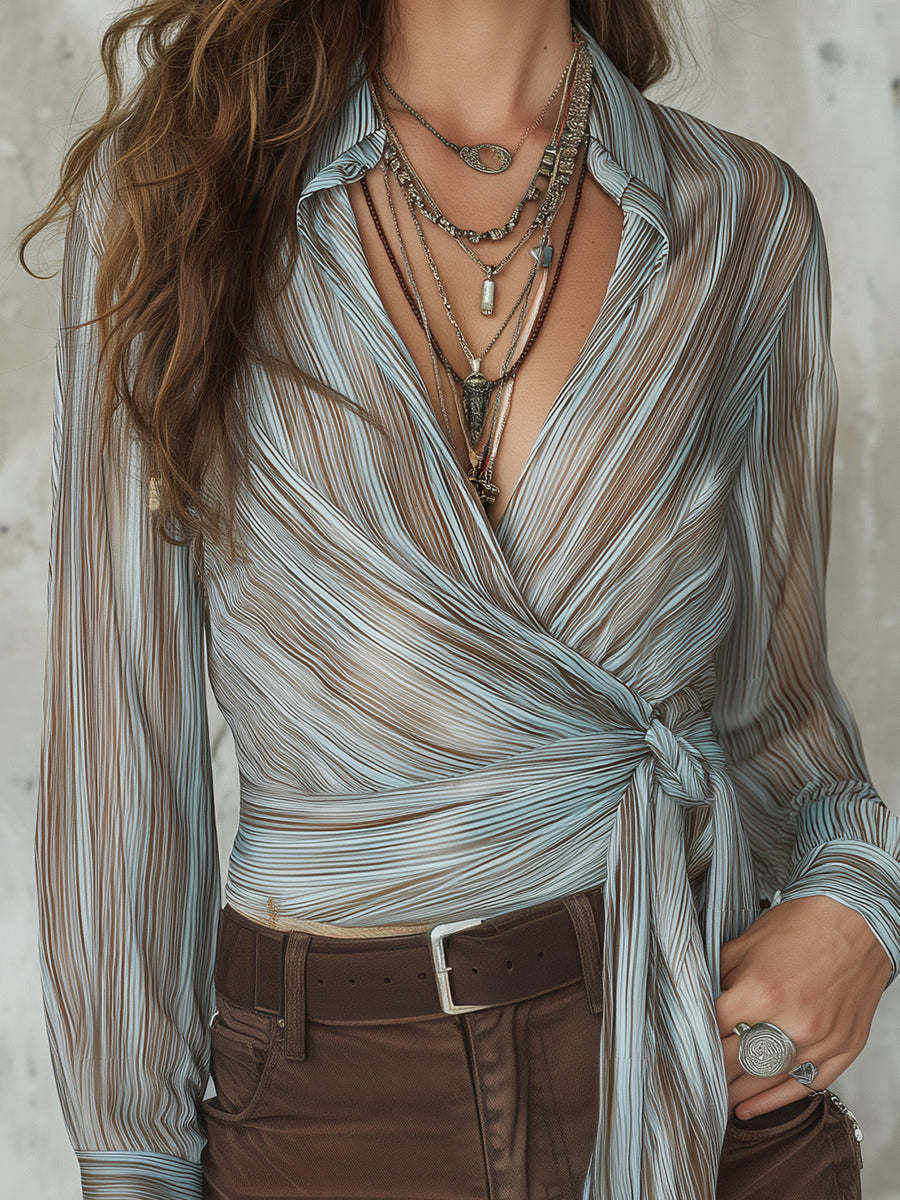 Vintage Striped Chiffon Blouse With Single Side Tie Detail