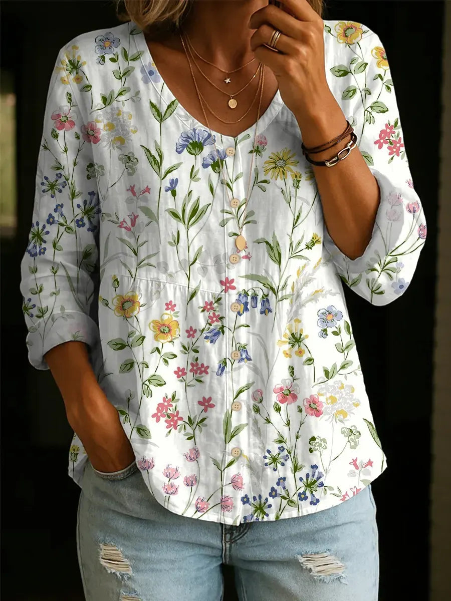 Women's Floral Pattern Art Print Casual Cotton Shirt