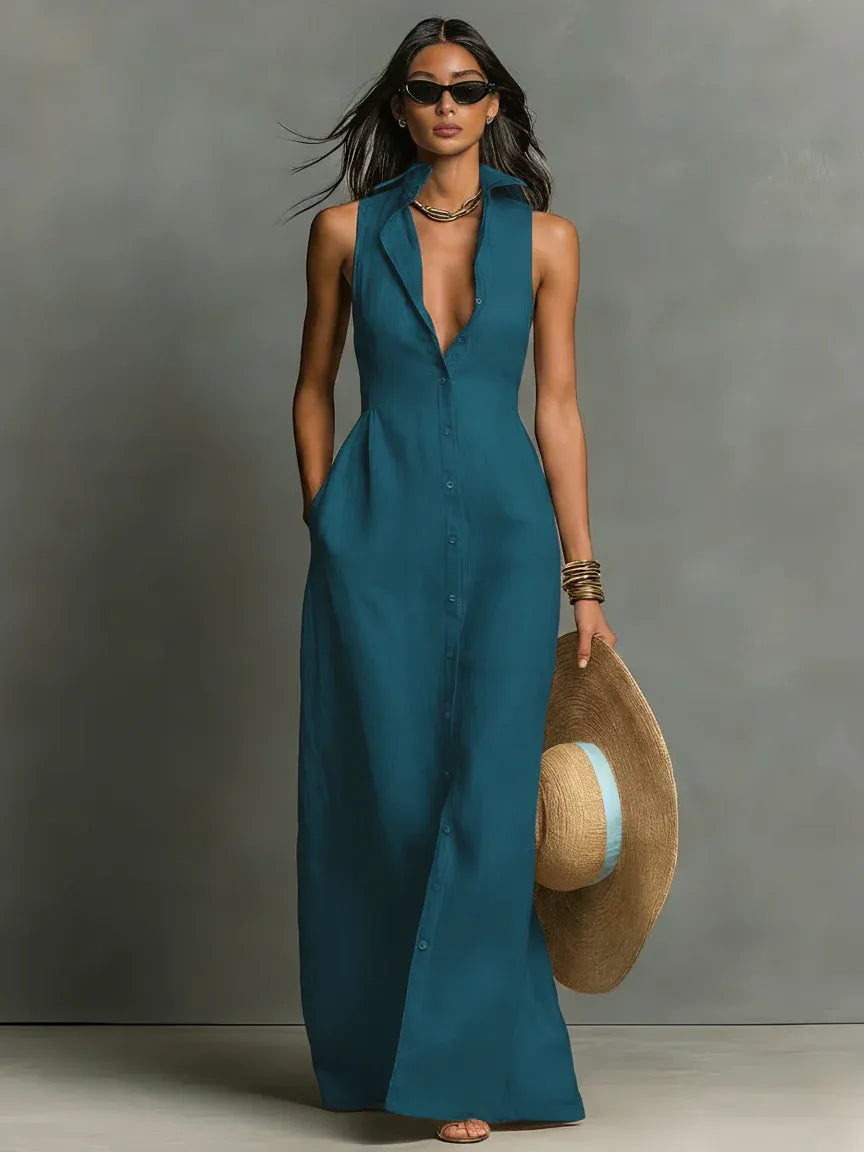 Linen Sleeveless Shirt Maxi Dress