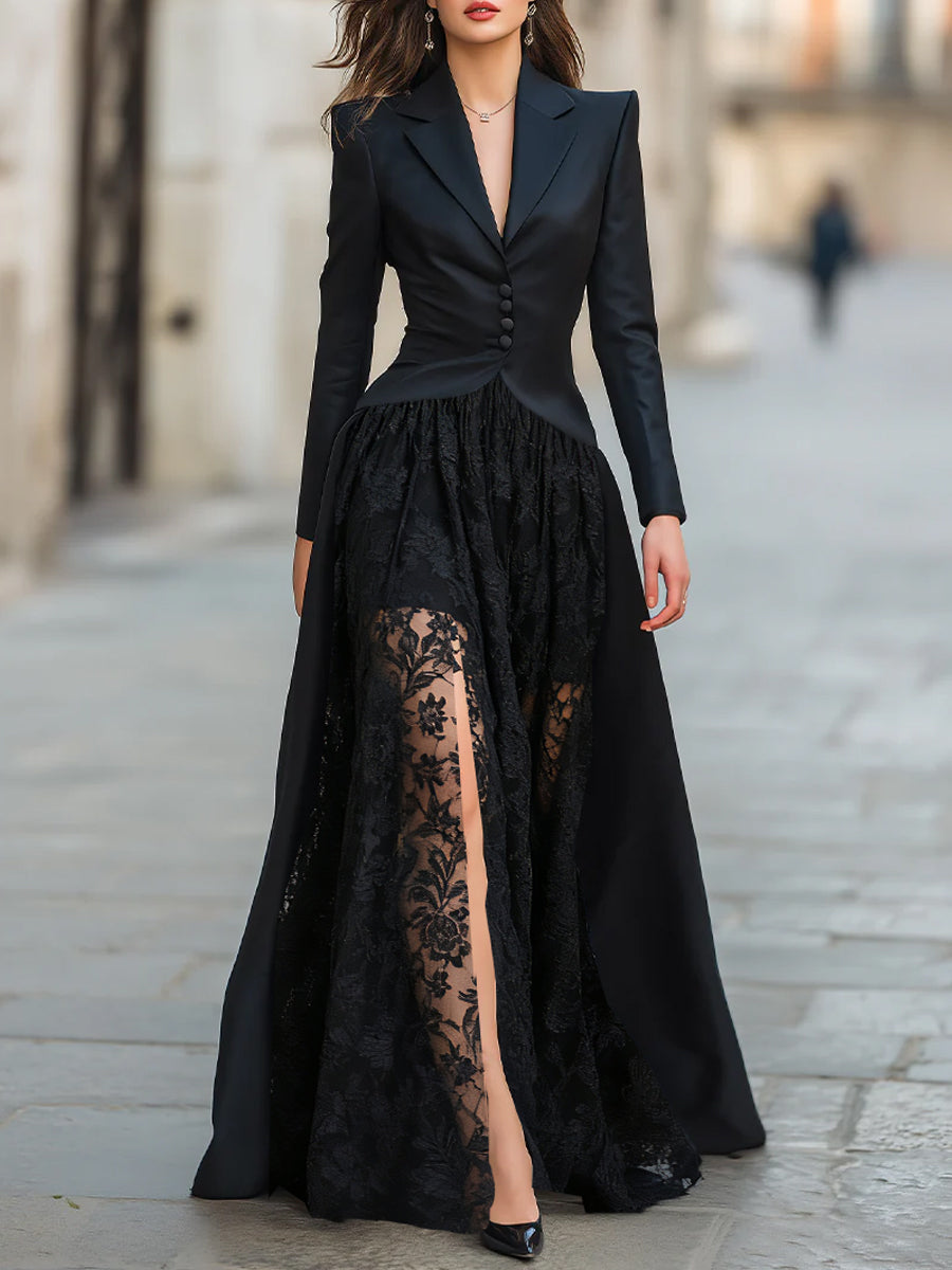 Elegant Tailored Blazer Panel Lace Gown Set