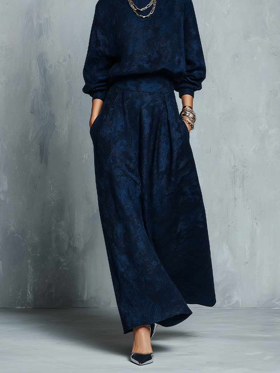 Navy Blue Textured Lantern Sleeve Top And Skirt Set