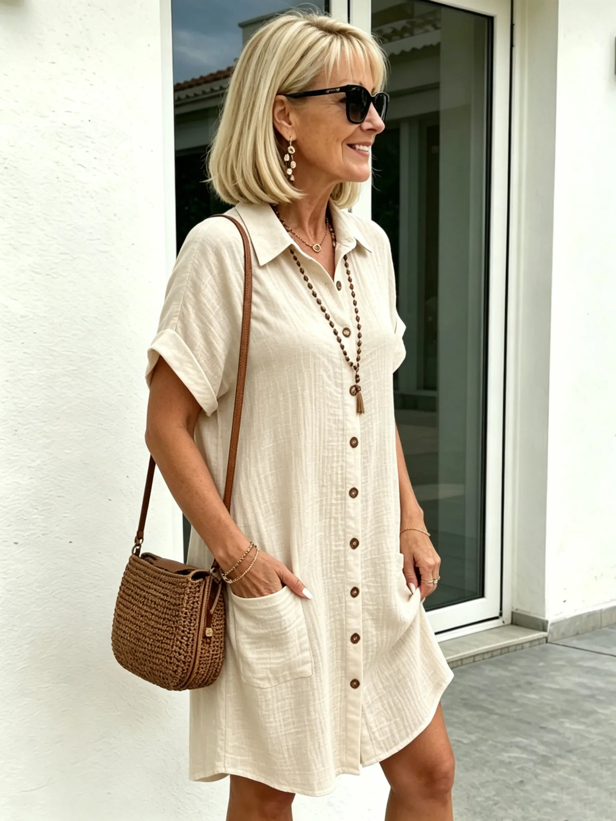 Solid Color Shirt Dress Simple, Made of Breathable, Featuring a Lapel Collar and Orderly Button Arrangement That Adds a Vintage Charm