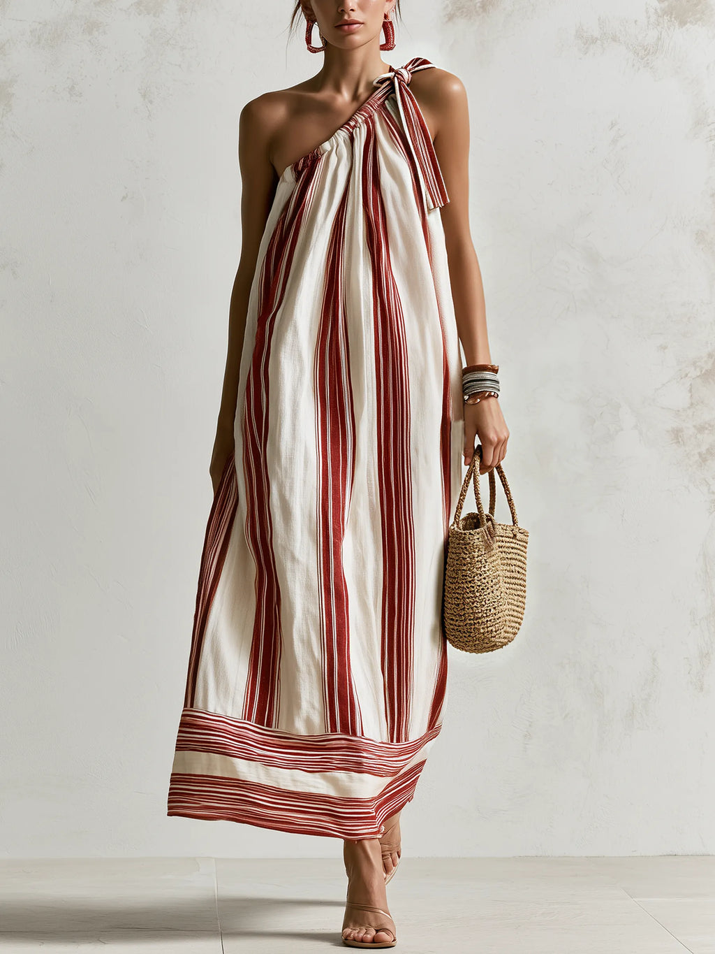 Rust Vertical Stripe Tie One Shoulder Linen Maxi Dress