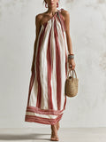 Rust Vertical Stripe Tie One Shoulder Linen Maxi Dress