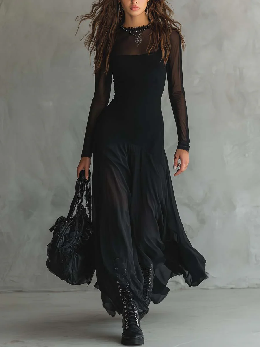 Elegant Mesh Sheer Multi-layered Stretch Maxi Dress